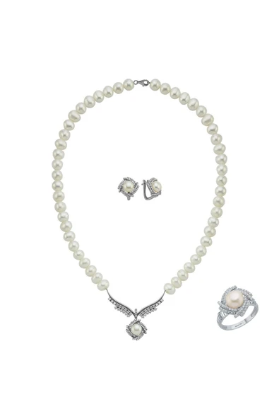 6,5 mm Rüzgar Gülü Doğal İnci Küpe Kolye Yüzük Üçlü Set - 10