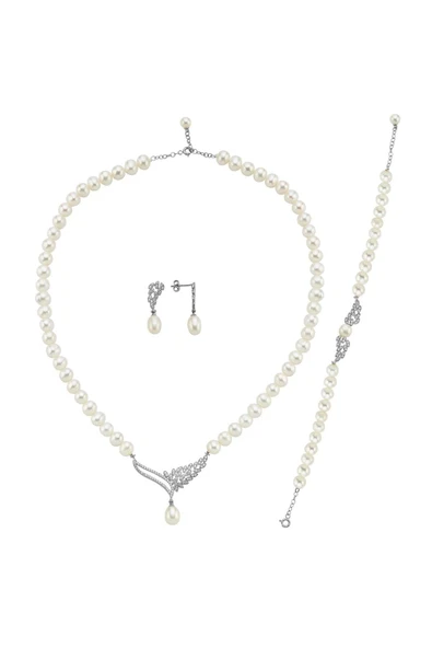 6,5 mm Yaprak Taşlı Doğal İnci Küpe Kolye Bileklik Üçlü Set - 7