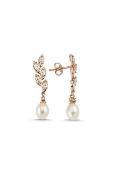 6,5 mm Doğal İnci Yaprak Taşlı Küpe - Resim 3