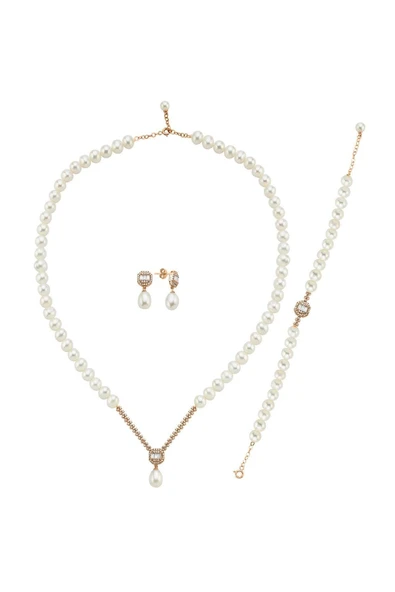 6,5 mm Baget Doğal İnci Küpe Kolye Bileklik Üçlü Set - 2