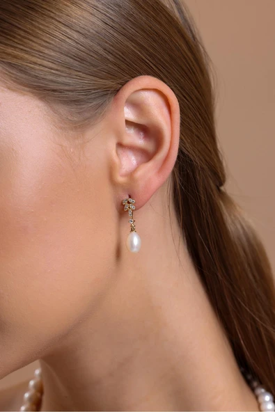 6,5 mm Yaprak Taşlı Doğal İnci Küpe Kolye Bileklik Üçlü Set - 3
