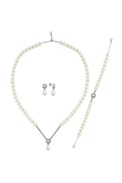 6,5 mm Baget Doğal İnci Küpe Kolye Bileklik Üçlü Set - 5