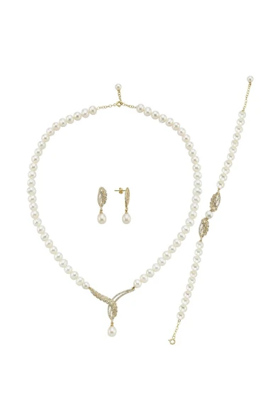 6,5 mm Yaprak Taşlı Doğal İnci Küpe Kolye Bileklik Üçlü Set - 7