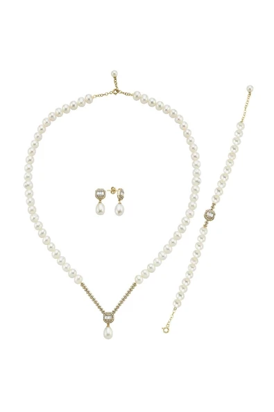 6,5 mm Baget Doğal İnci Küpe Kolye Bileklik Üçlü Set