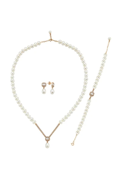 6,5 mm Baget Doğal İnci Küpe Kolye Bileklik Üçlü Set - 7