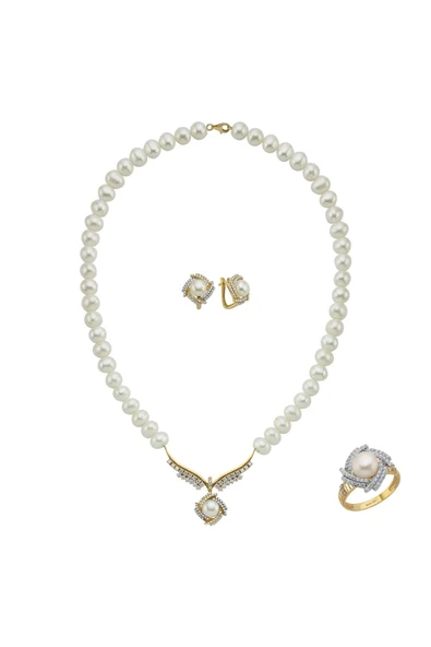 6,5 mm Rüzgar Gülü Doğal İnci Küpe Kolye Yüzük Üçlü Set - 5