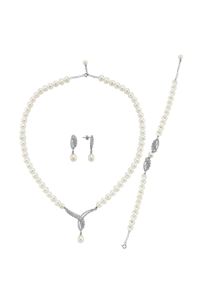 6,5 mm Yaprak Taşlı Doğal İnci Küpe Kolye Bileklik Üçlü Set - 6