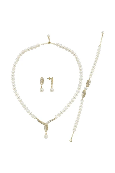 6,5 mm Yaprak Taşlı Doğal İnci Küpe Kolye Bileklik Üçlü Set - 4