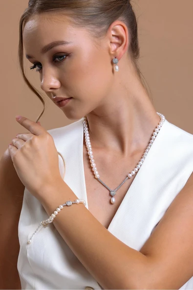 6,5 mm Baget Doğal İnci Küpe Kolye Bileklik Üçlü Set - 3