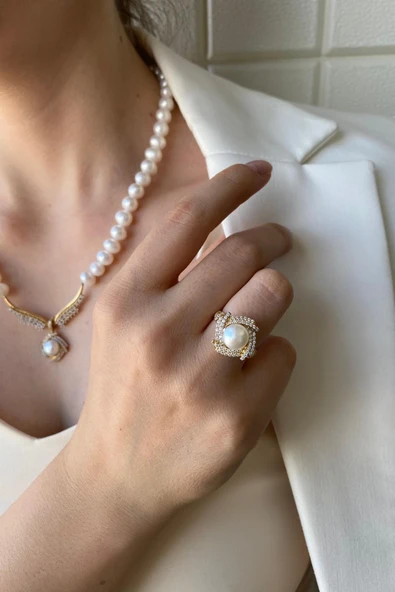 6,5 mm Rüzgar Gülü Doğal İnci Küpe Kolye Yüzük Üçlü Set - 4