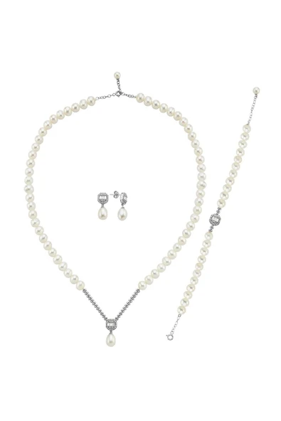 6,5 mm Baget Doğal İnci Küpe Kolye Bileklik Üçlü Set - 8