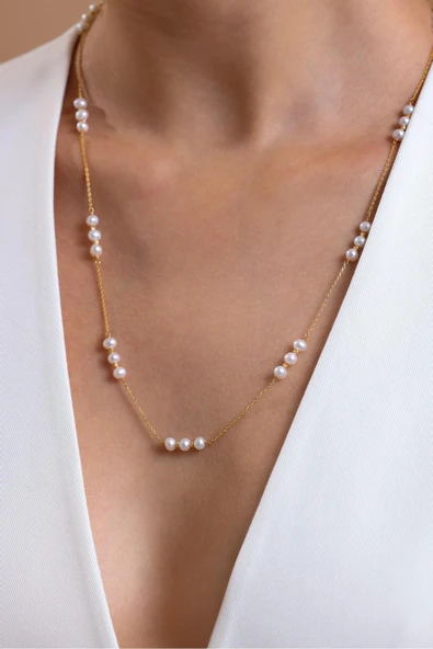 4,5 mm Üç Doğal İncili Dorika Toplu Kolye ürün görseli 1