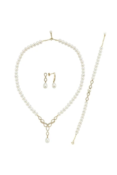 6,5 mm Sonsuzluk Taşlı Doğal İnci Küpe Kolye Bileklik Üçlü Set - 5