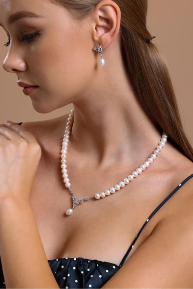 6,5 mm Taşlı Doğal İnci Sallantılı Küpe Kolye İkili Set - 4