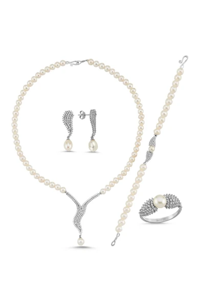 6,5 mm Su Yolu Taşlı Doğal İnci Küpe Kolye Bileklik Yüzük Dörtlü Set - 6