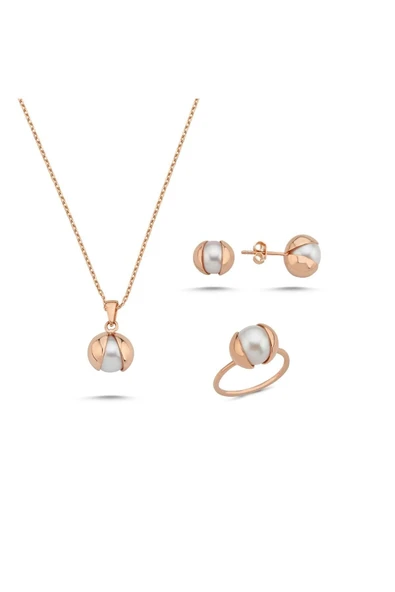 10,5 mm Doğal İnci Küpe Kolye Yüzük Üçlü Set - 9