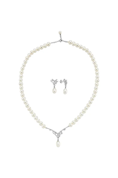 6,5 mm Taşlı Doğal İnci Sallantılı Küpe Kolye İkili Set - 5