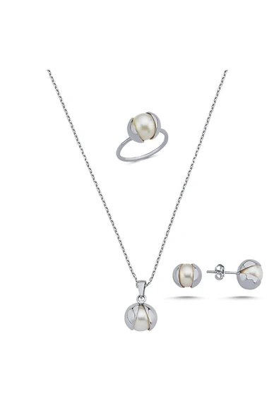 10,5 mm Doğal İnci Küpe Kolye Yüzük Üçlü Set - 7