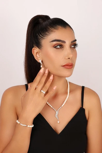 6,5 mm Su Yolu Taşlı Doğal İnci Küpe Kolye Bileklik Yüzük Dörtlü Set