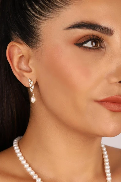 6,5 mm Doğal İnci Yaprak Taşlı Küpe ürün görseli 1