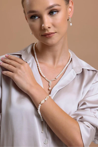 6,5 mm Yaprak Taşlı Doğal İnci Küpe Kolye Bileklik Üçlü Set