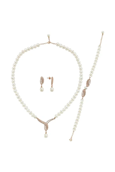 6,5 mm Yaprak Taşlı Doğal İnci Küpe Kolye Bileklik Üçlü Set - 5