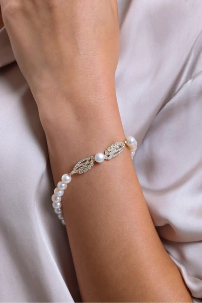 6,5 mm Yaprak Taşlı Doğal İnci Küpe Kolye Bileklik Üçlü Set - 3