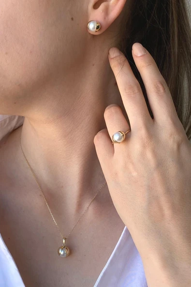 10,5 mm Doğal İnci Küpe Kolye Yüzük Üçlü Set - 3