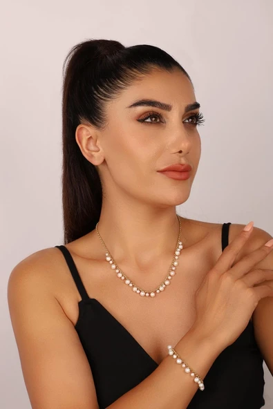 5,5 mm Doğal İnci Sallantılı Kolye Bileklik İkili Set