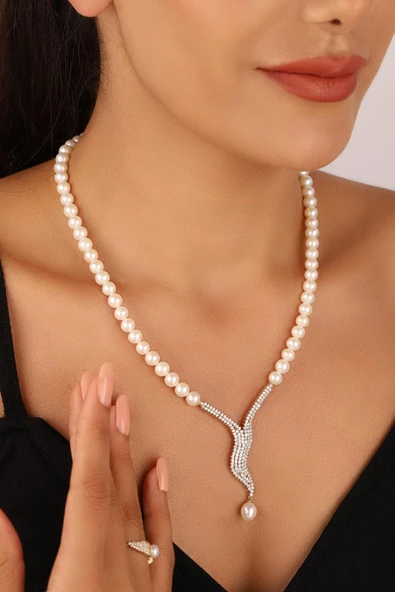 6,5 mm Su Yolu Taşlı Doğal İnci Küpe Kolye Bileklik Yüzük Dörtlü Set - 2