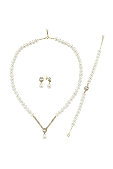 6,5 mm Baget Doğal İnci Küpe Kolye Bileklik Üçlü Set - 6