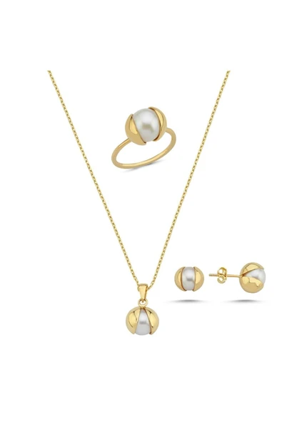 10,5 mm Doğal İnci Küpe Kolye Yüzük Üçlü Set - 5