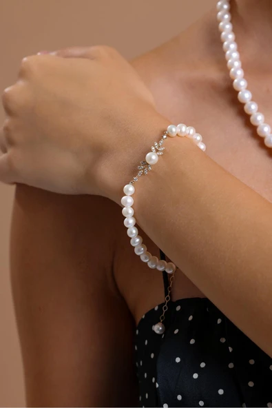 6,5 mm Yaprak Taşlı Doğal İnci Küpe Kolye Bileklik Üçlü Set - 4