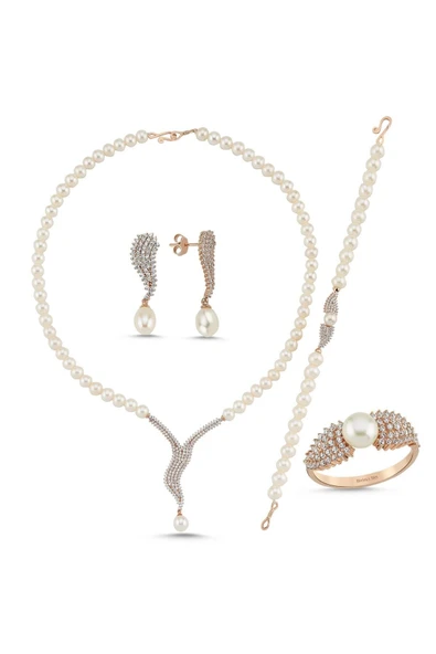 6,5 mm Su Yolu Taşlı Doğal İnci Küpe Kolye Bileklik Yüzük Dörtlü Set - 7