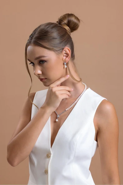 6,5 mm Baget Taşlı Doğal İnci Küpe Kolye Bileklik Üçlü Set - 3