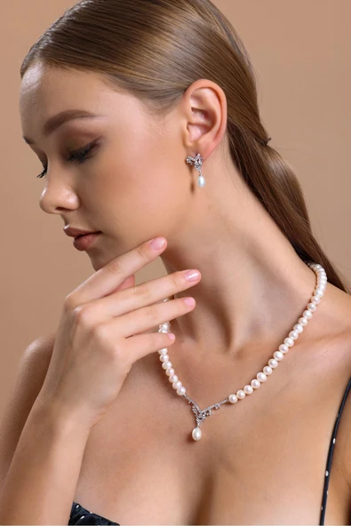 6,5 mm Taşlı Doğal İnci Sallantılı Küpe Kolye İkili Set - 2