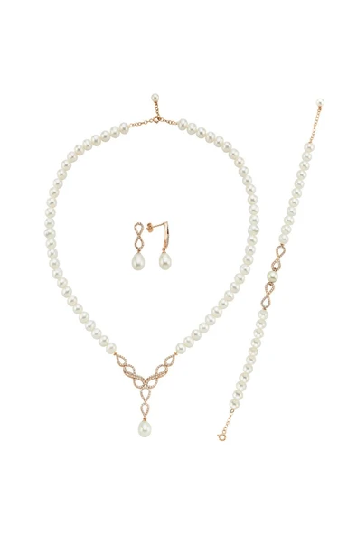 6,5 mm Sonsuzluk Taşlı Doğal İnci Küpe Kolye Bileklik Üçlü Set - 6