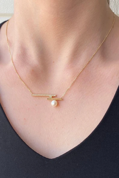 6,5 mm Doğal İnci Zirkon Taşlı Kolye - Resim 2