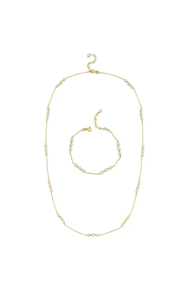 4,5 mm Üç Doğal İnci Dorika Toplu Zincir Kolye Bileklik İkili Set - 4