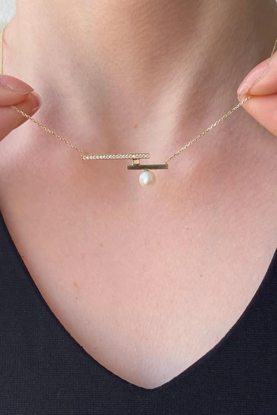 6,5 mm Doğal İnci Zirkon Taşlı Kolye ürün görseli 1