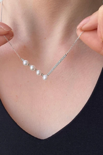 5,5 mm Dört Doğal İncili Zirkon Taşlı Kolye - Resim 2