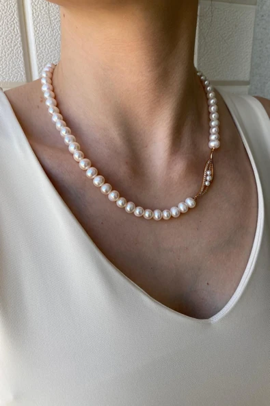 6,5 mm Yaprak Taşlı Doğal İnci Kolye - 3