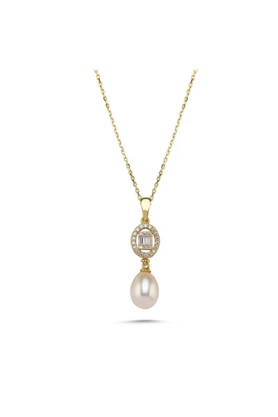8,5 mm Oval Baget Taşlı Doğal İnci Kolye - 4