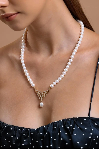 6,5 mm Yaprak Taşlı Doğal İnci Kolye