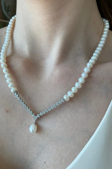6,5 mm Zirkon Taşlı Suyolu Doğal İnci Kolye - 4