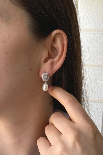 9,5 mm Baget Taş Doğal İnci Sallantı Küpe Kolye İkili Set - 7