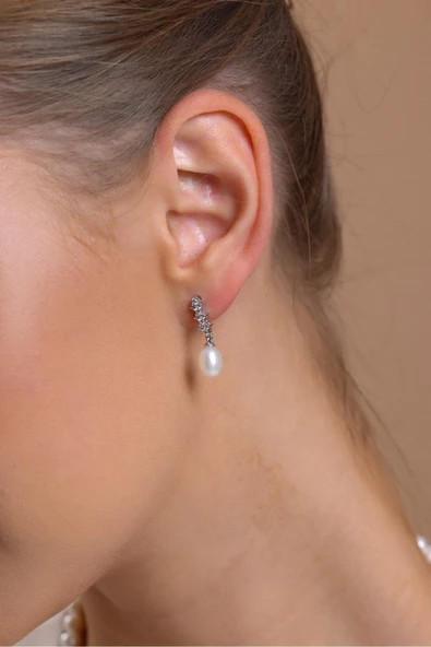 7,5 mm Zirkon Taşlı Doğal İnci Küpe