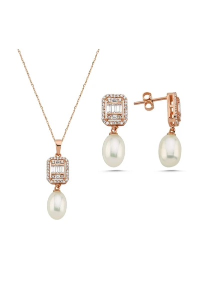 9,5 mm Baget Taş Doğal İnci Sallantı Küpe Kolye İkili Set - 9