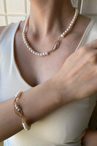 6,5 mm Yaprak Taşlı Doğal İnci Kolye Bileklik İkili Set