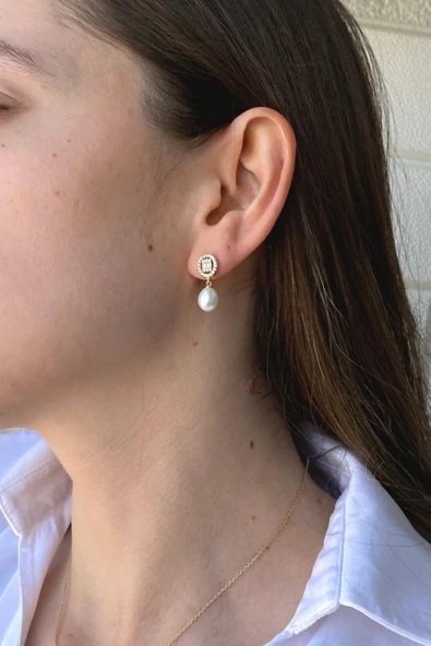 8,5 mm Oval Baget Taşlı Doğal İnci Sallantı Küpe Kolye İkili Set - 4